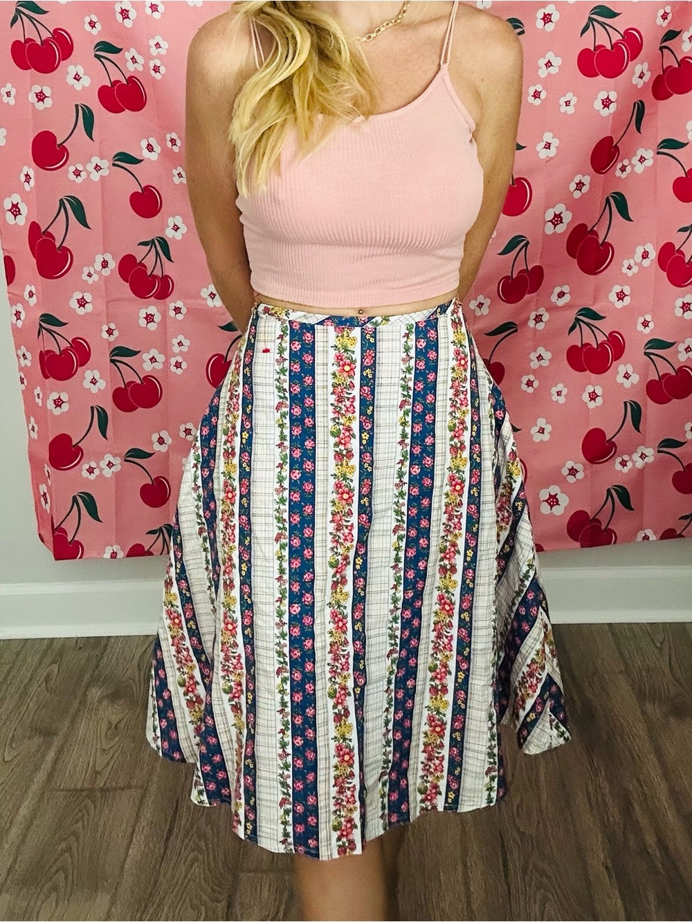 Striped Floral A-Line Midi Skirt in Pink, Navy & White